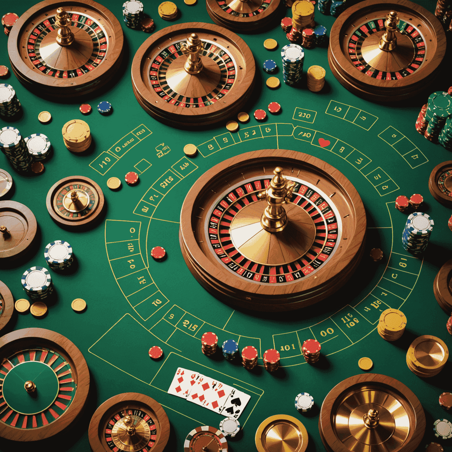 A collage of various social casino games including slot machines, poker tables, and roulette wheels, with gold coins and chips scattered around