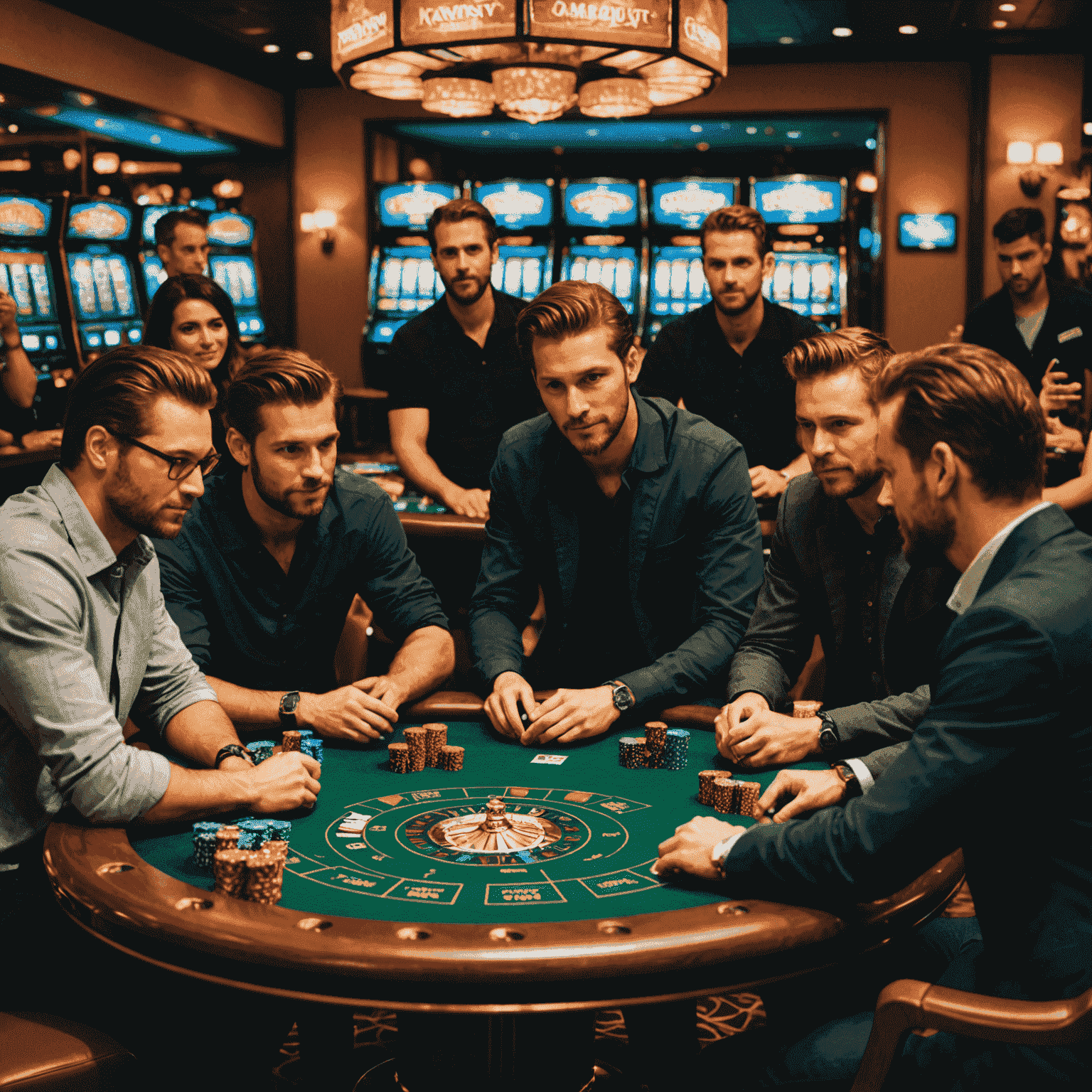 The Fire Spin Jackpot development team gathered around a table, discussing game designs and mechanics. The image shows a diverse group of professionals, including designers, programmers, and project managers, all focused on creating an entertaining social casino experience.