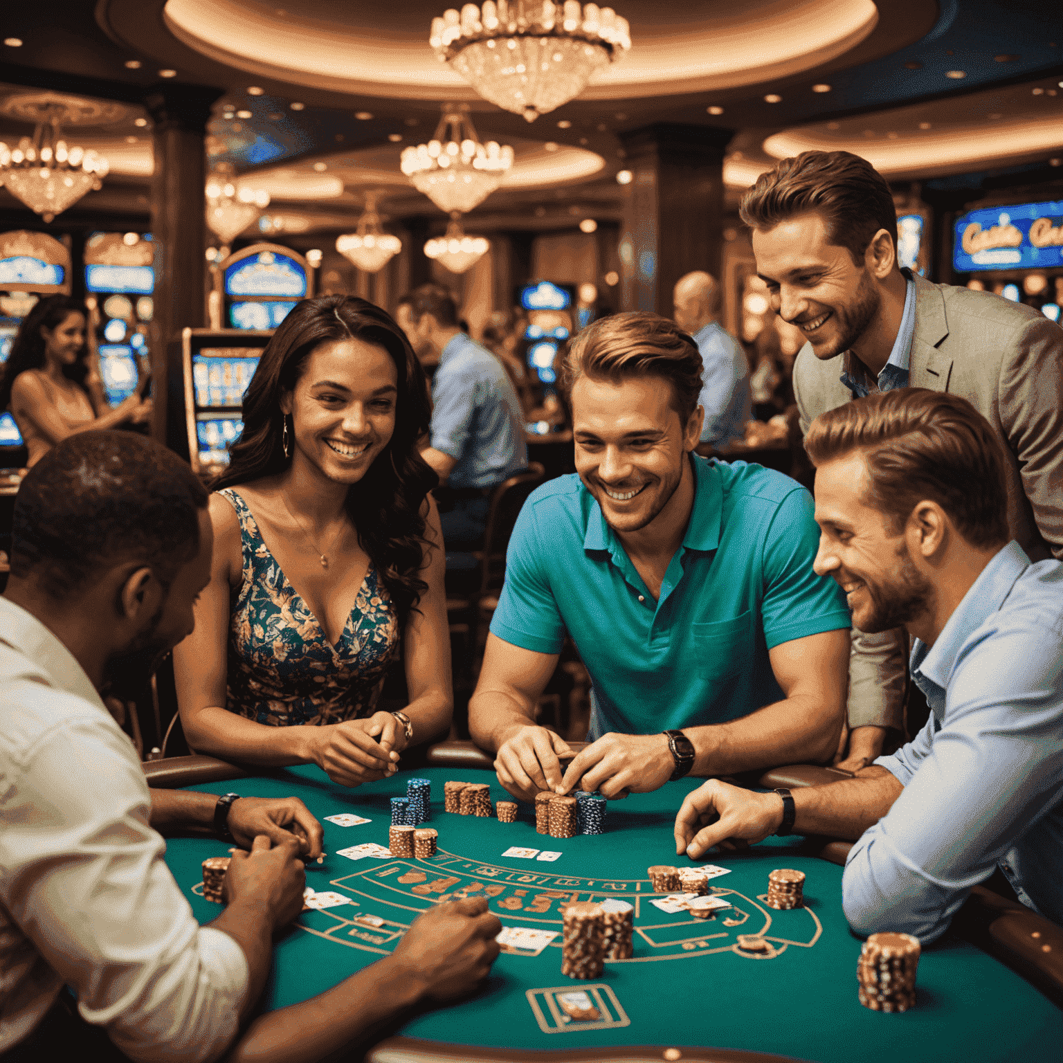 A group of diverse people enjoying social casino games on their devices, smiling and interacting with each other virtually. The image showcases various casino game elements like cards, slots, and chips floating around the players, emphasizing the social and entertaining aspects of these games.