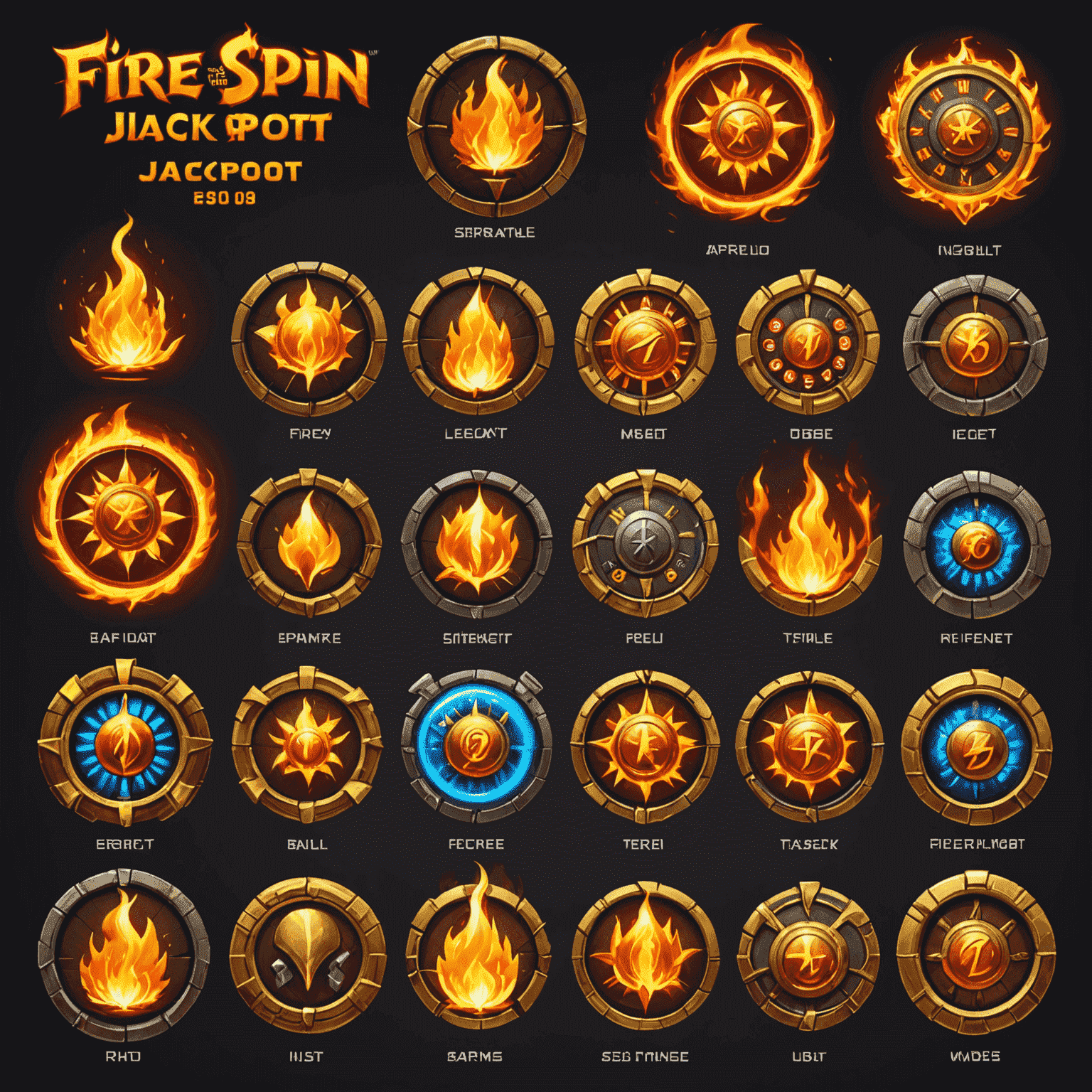 A collection of concept art and early designs for Fire Spin Jackpot, showing the evolution of the game's visual style. The image includes sketches of flaming slot reels, fiery jackpot symbols, and various UI element designs.