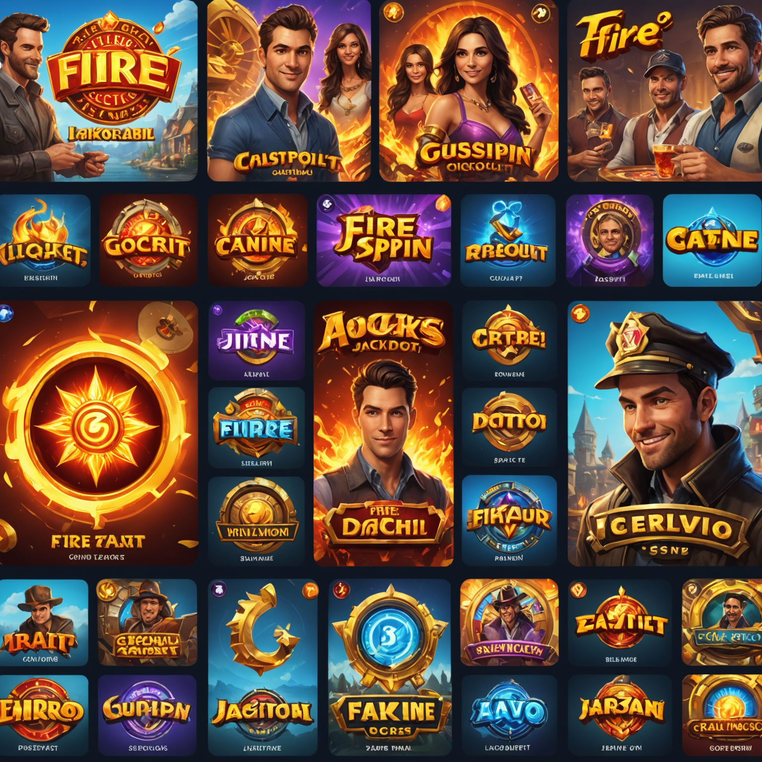 A collage showing various social features of Fire Spin Jackpot, including chat windows, friend lists, and virtual gift exchanges. The image highlights the community aspect of the game with avatars of players interacting and competing in different casino games.