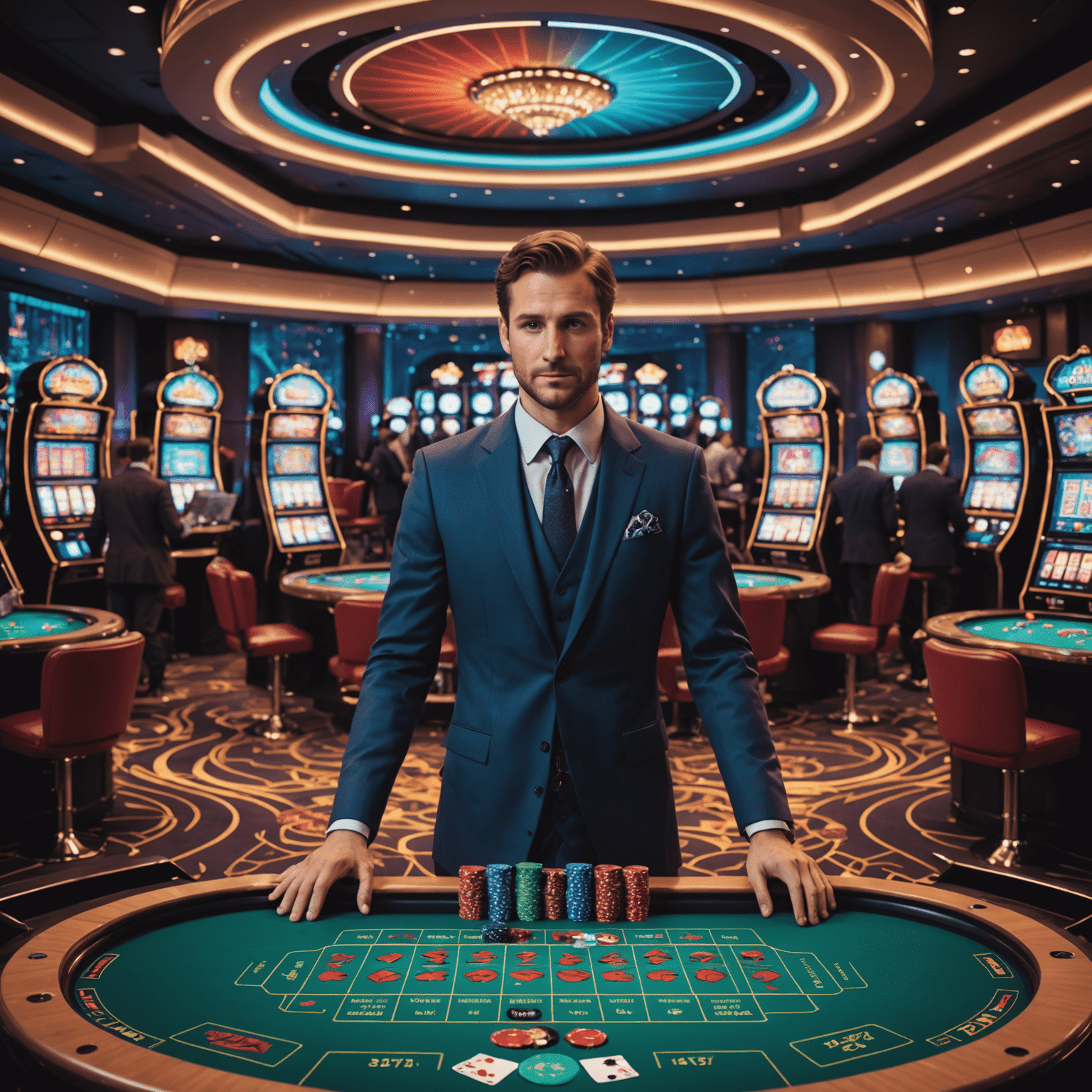 A futuristic rendering of a Canadian social casino interface with holographic games and player avatars