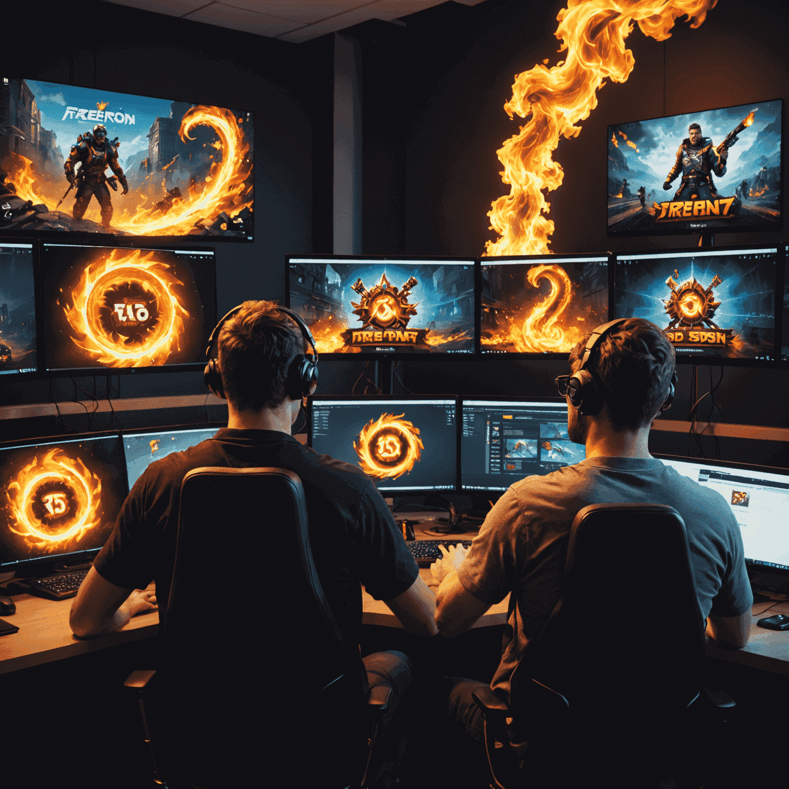 A team of game developers working on computer screens showing Fire Spin Jackpot game elements and code