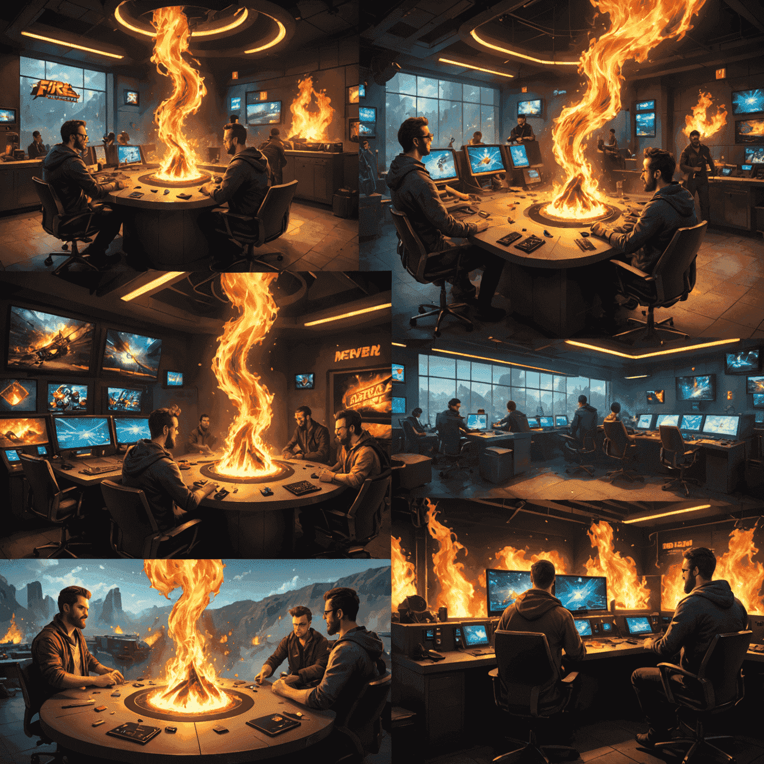 A montage of game developers at work, concept art, and code snippets, showcasing the creation process of Fire Spin Jackpot