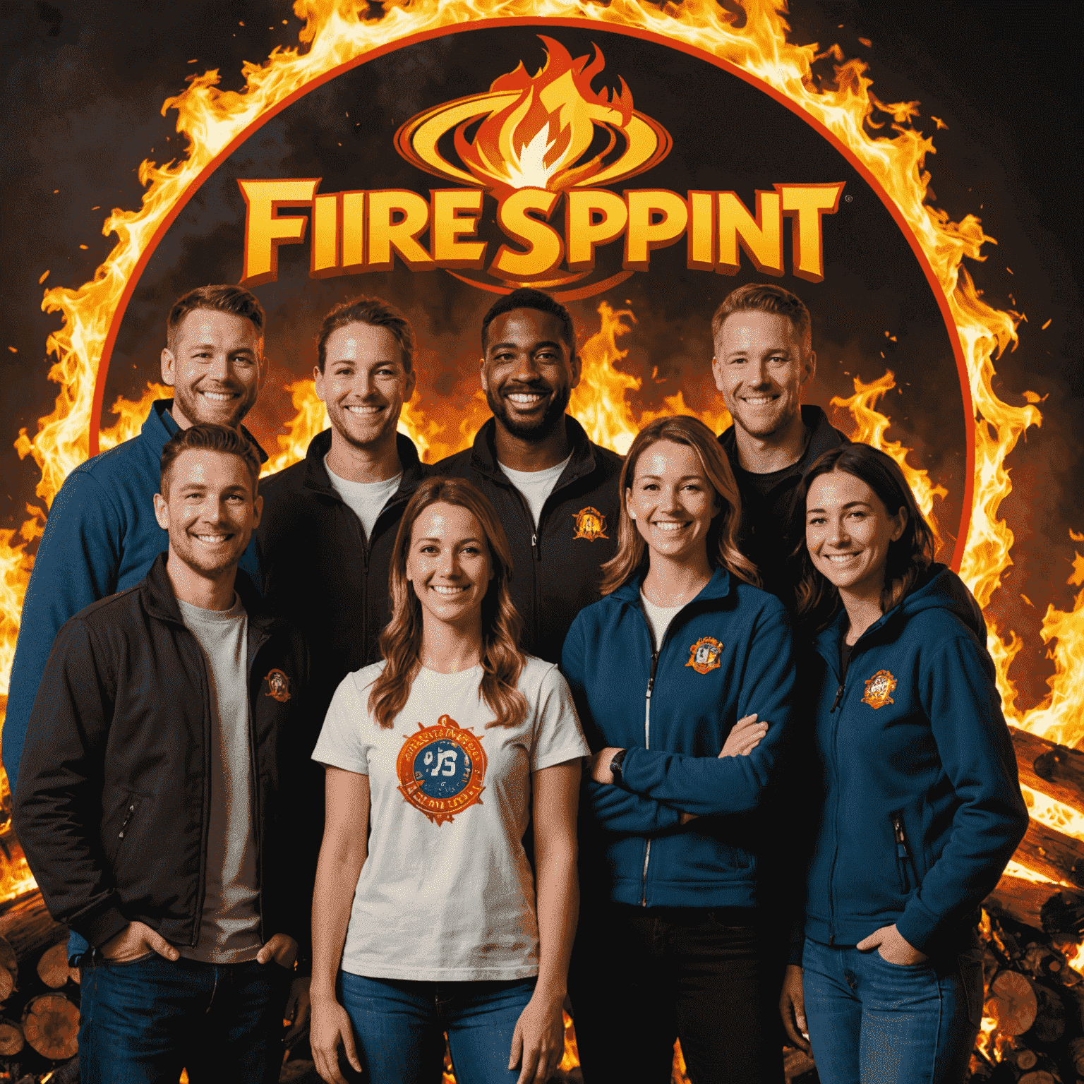 A group photo of the Fire Spin Jackpot development team, showcasing the diverse talents behind the game. The image shows the team members mentioned above, along with other key contributors, all smiling and standing in front of a large Fire Spin Jackpot logo.