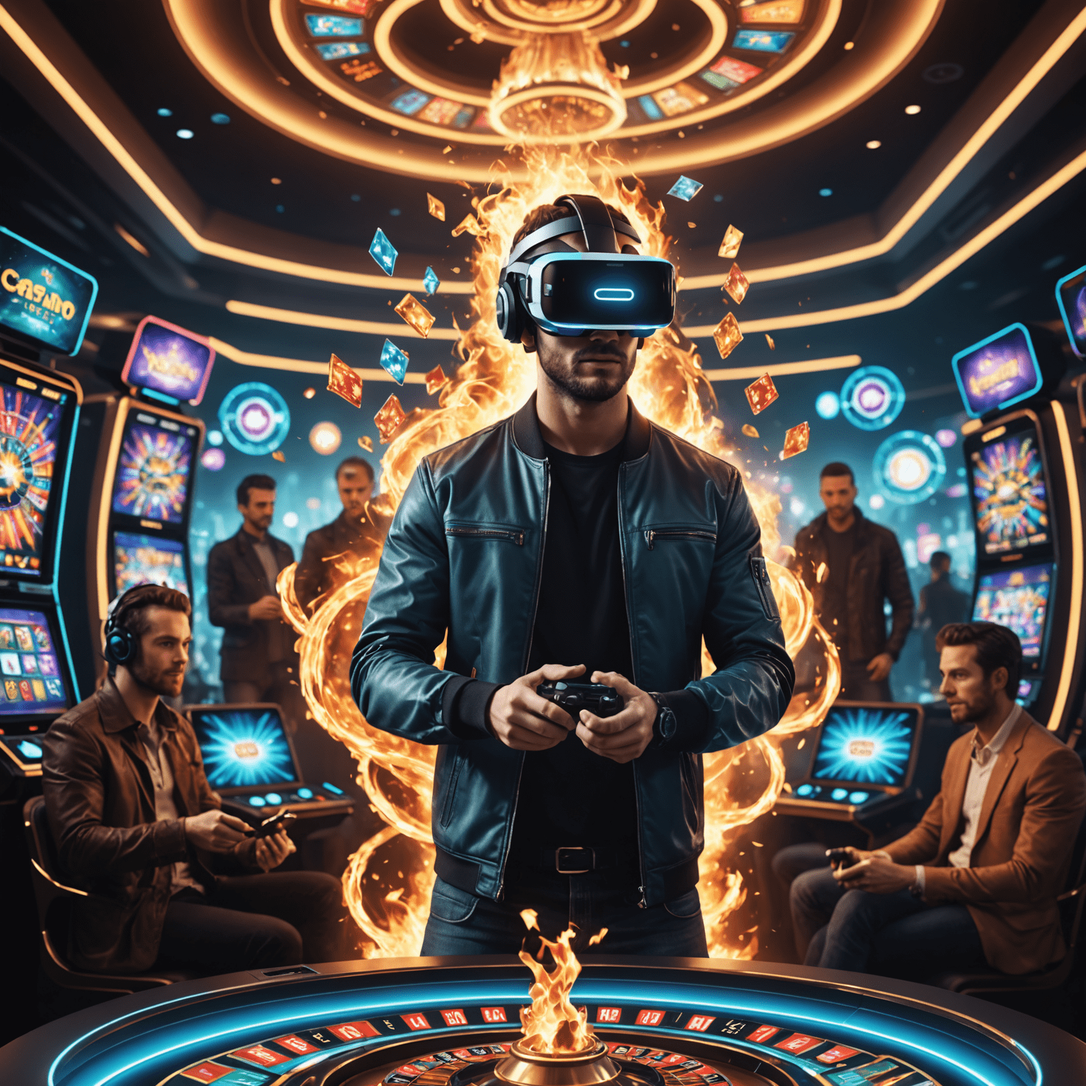 A futuristic rendering of a player using VR technology to play Fire Spin Jackpot. The image shows the player wearing a VR headset, surrounded by holographic casino games and interacting with virtual avatars of other players, illustrating the potential future of social casino gaming.