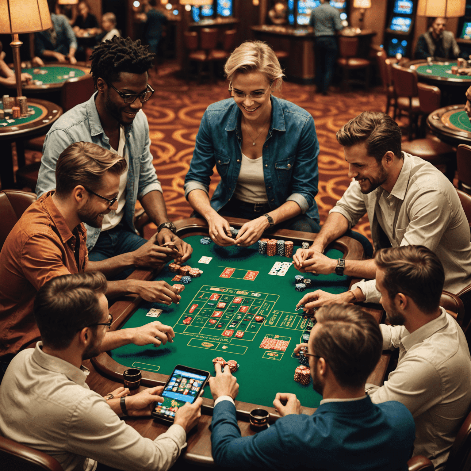 A diverse group of people interacting with mobile devices, playing social casino games and chatting, representing the community aspect of social gaming